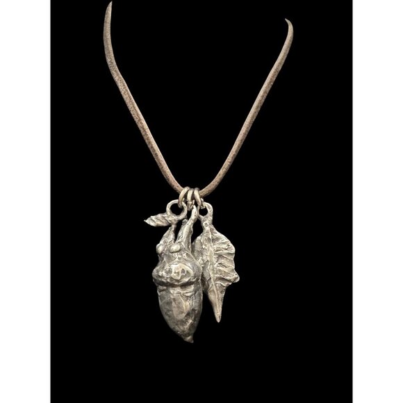 Artisan Original Handmade Silver Acorn & Leaves Pendant Necklace W/ Leather Cord - Picture 5 of 12